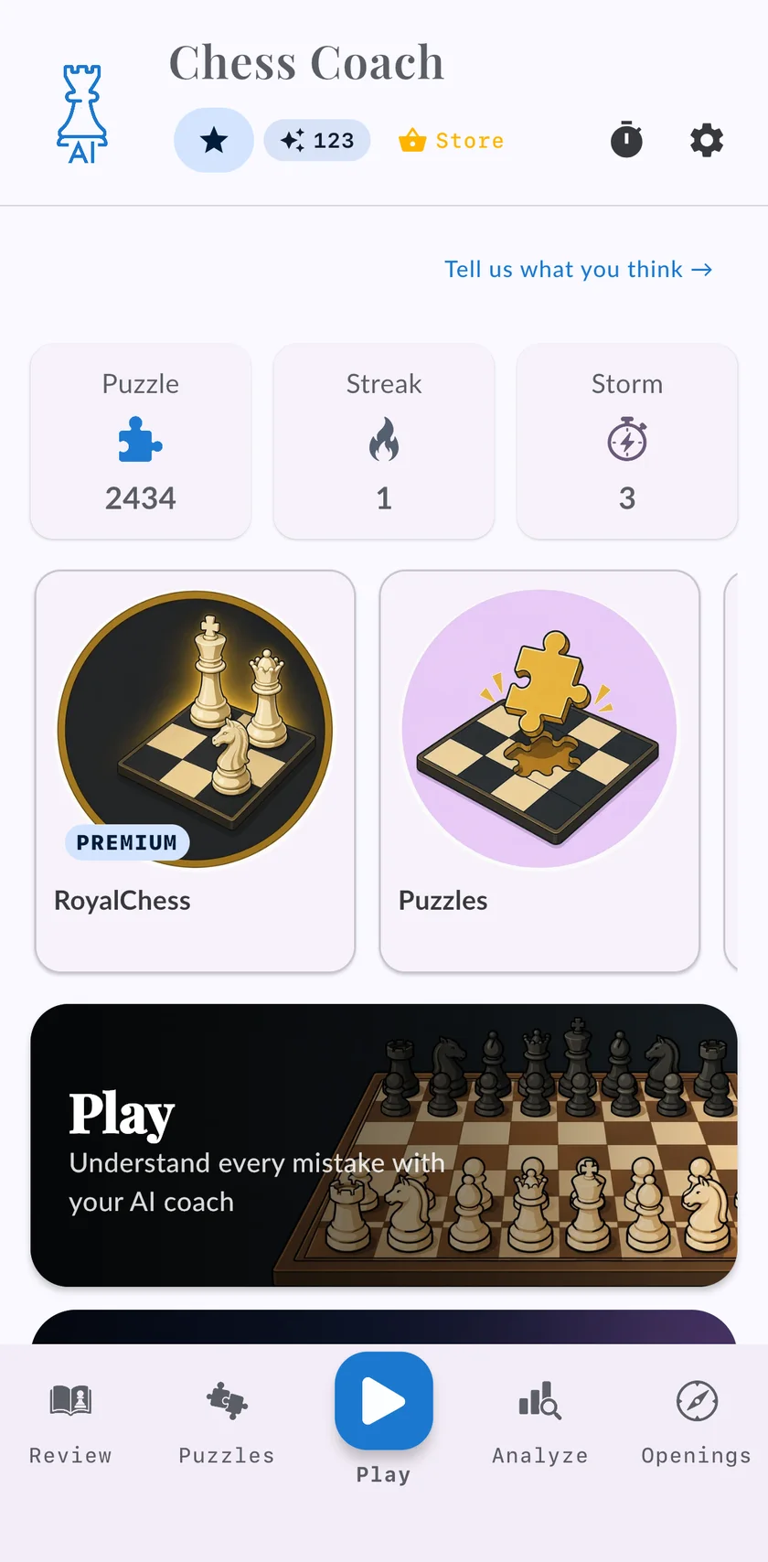 The Chess Coach home screen on an iPhone: puzzle, streak and storm ratings, and the cards for playing, learning and the Practice Lab