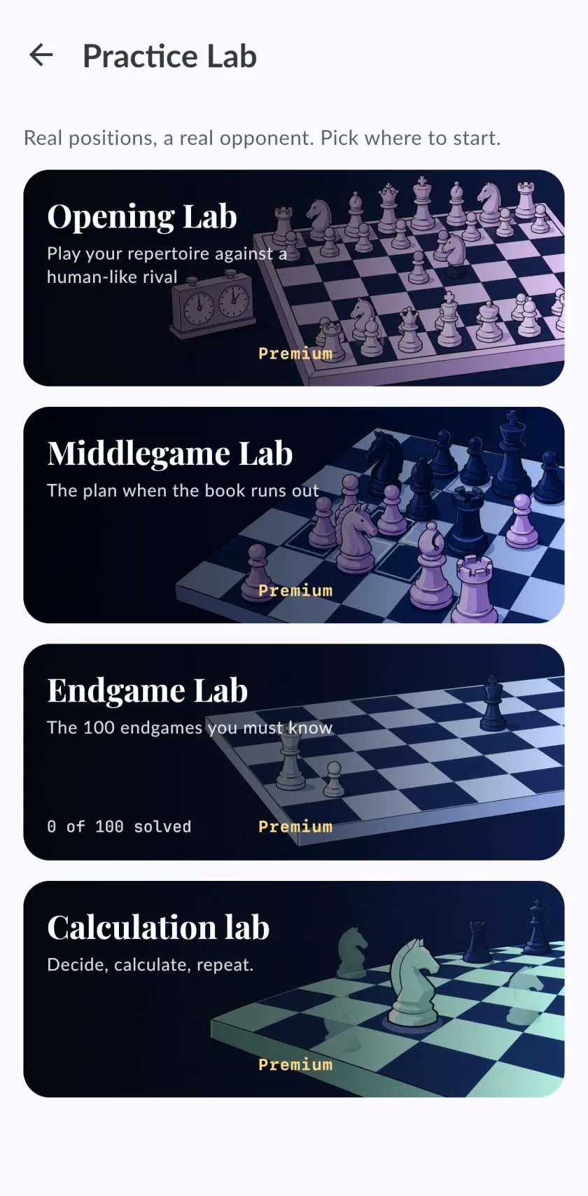 The Practice Lab screen with four cards: Opening Lab, Middlegame Lab, Endgame Lab and Calculation Lab