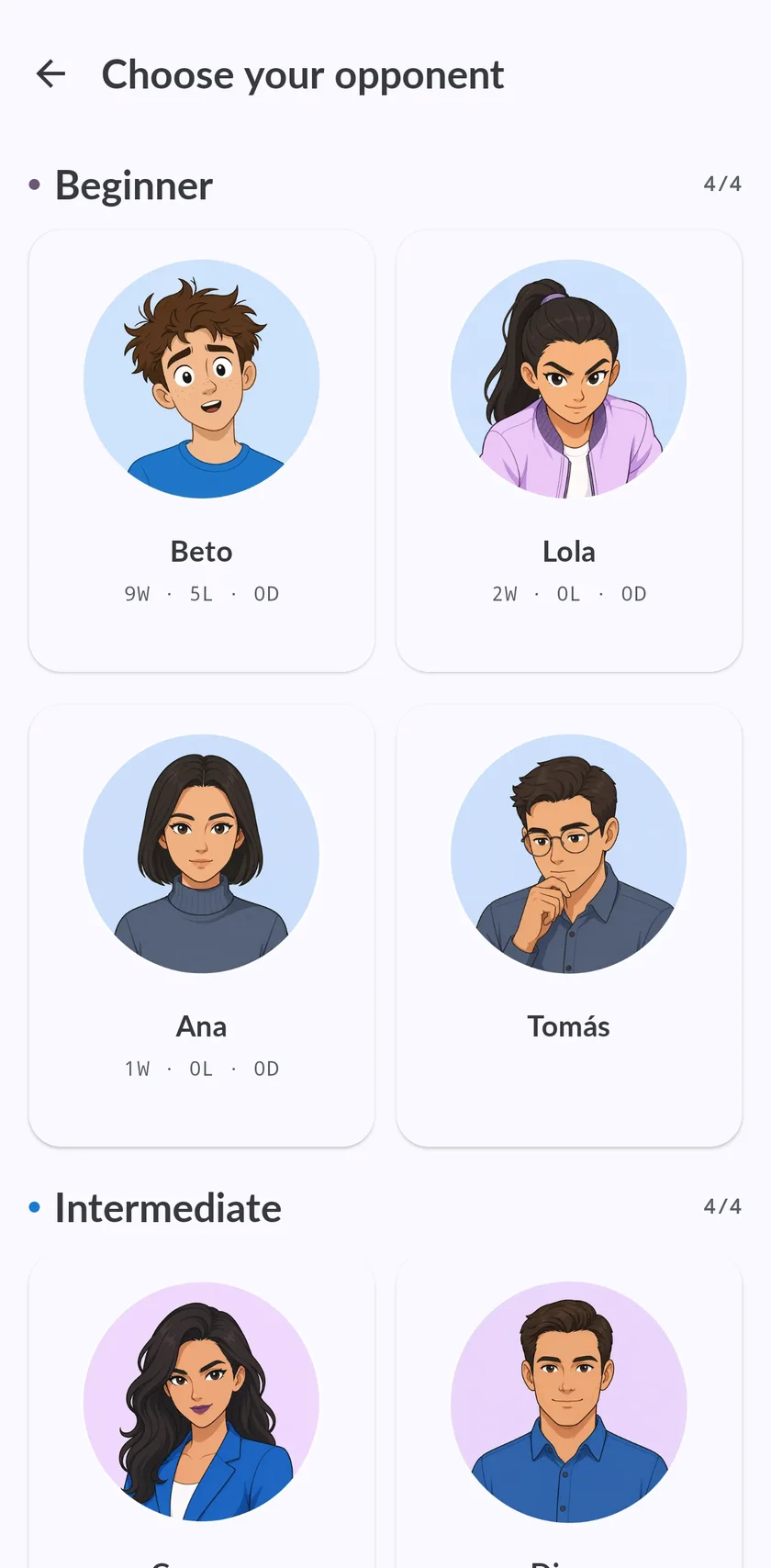 Choose your opponent: beginner and intermediate rivals with portraits and win-loss records