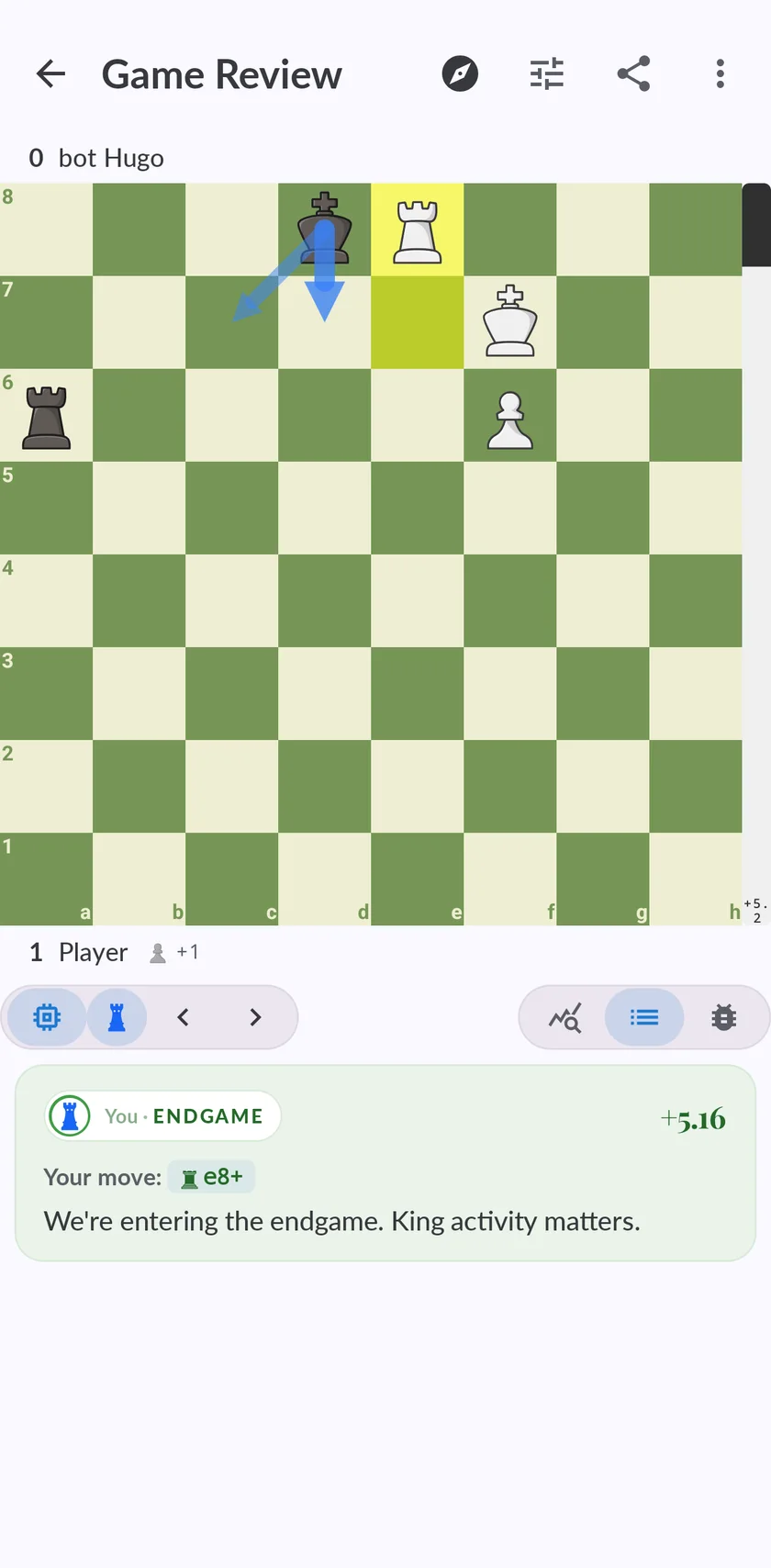 The coach commenting a single move, with the evaluation beside it
