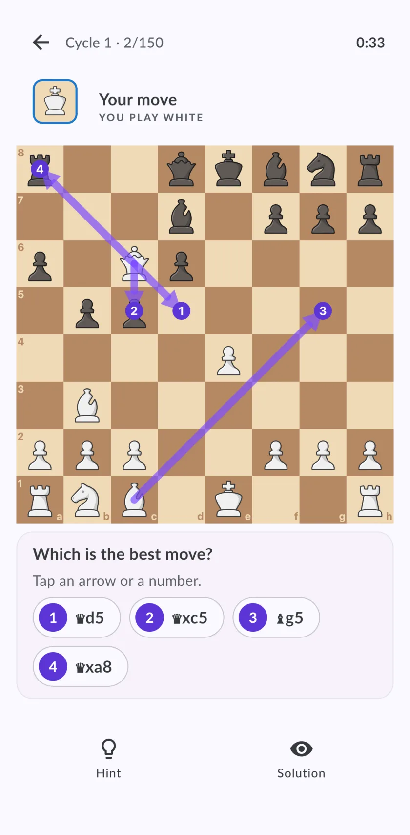 A Practice position: four numbered arrows on the board and the question Which is the best move?, with the four candidate moves listed below